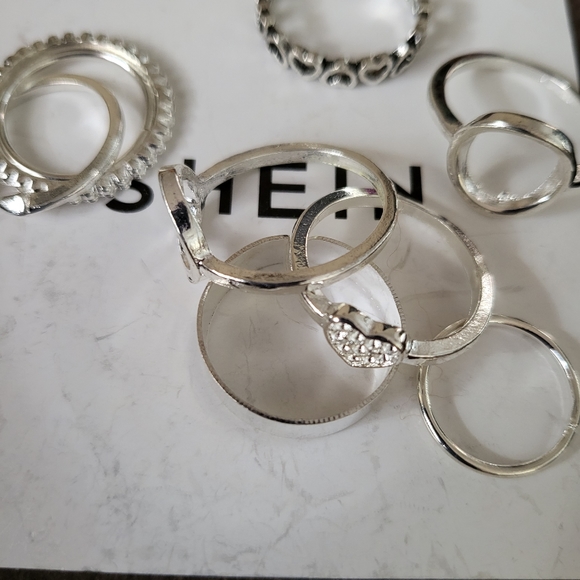NEW Shein Set of 9 stacking silver  midi assorted sizes rings hearts and more💕 - Picture 3 of 3